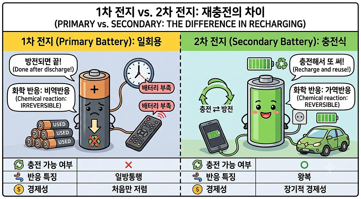 전지의 종류. 1차 전지와 2차 전지