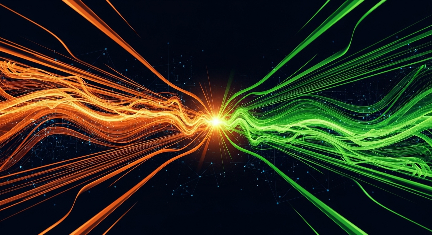 빠르게 변화하는 시장 트렌드와 직무 요구사항을 나타내는 역동적인 초록색과 주황색 추상 이미지. 데이터 흐름과 네트워크 연결이 배경에 보입니다.