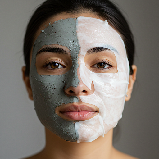 여성의 얼굴에 회색 클레이 마스크가 T존 부위에, 흰색 시트 마스크가 U존 부위에 각각 적용된 모습입니다. 복합성 피부 맞춤 마스크팩 사용 방법을 보여줍니다.