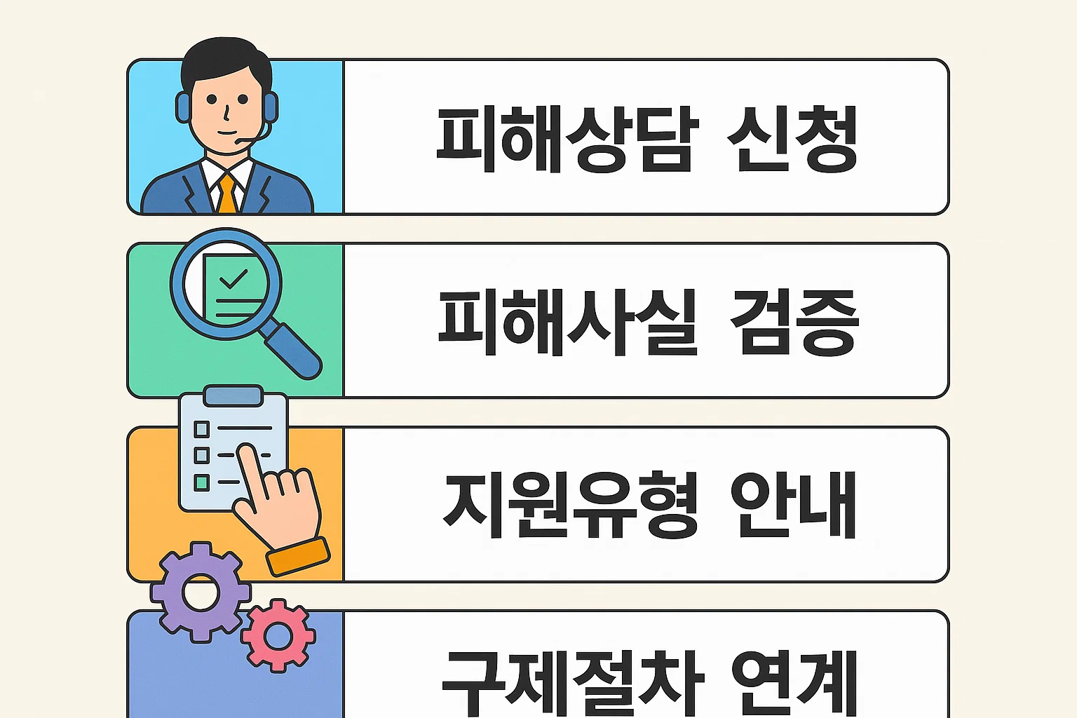 피해상담 신청부터 피해사실 검증, 지원유형 안내, 구제절차 연계까지 전세사기 피해자의 구제 절차를 순서대로 설명한 인포그래픽입니다.