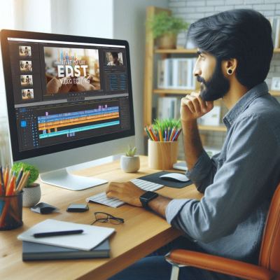 남성이 집중하여 영상 편집을 하는 모습.