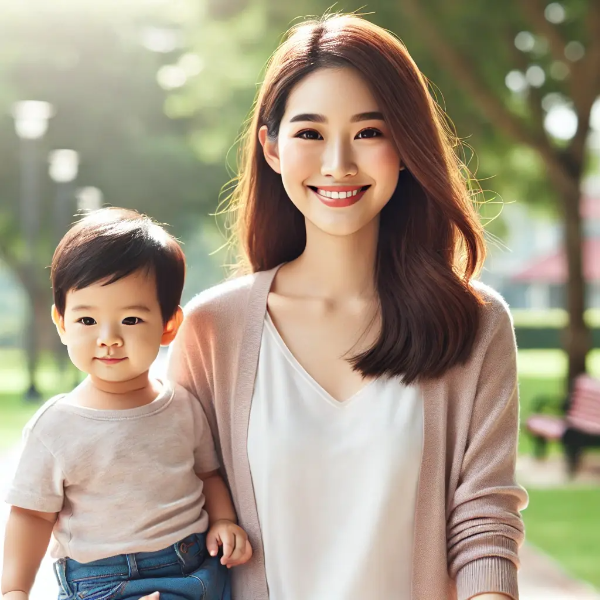 공원에서 아이와 산책하며 미소 짓는 동양인 한부모 여성