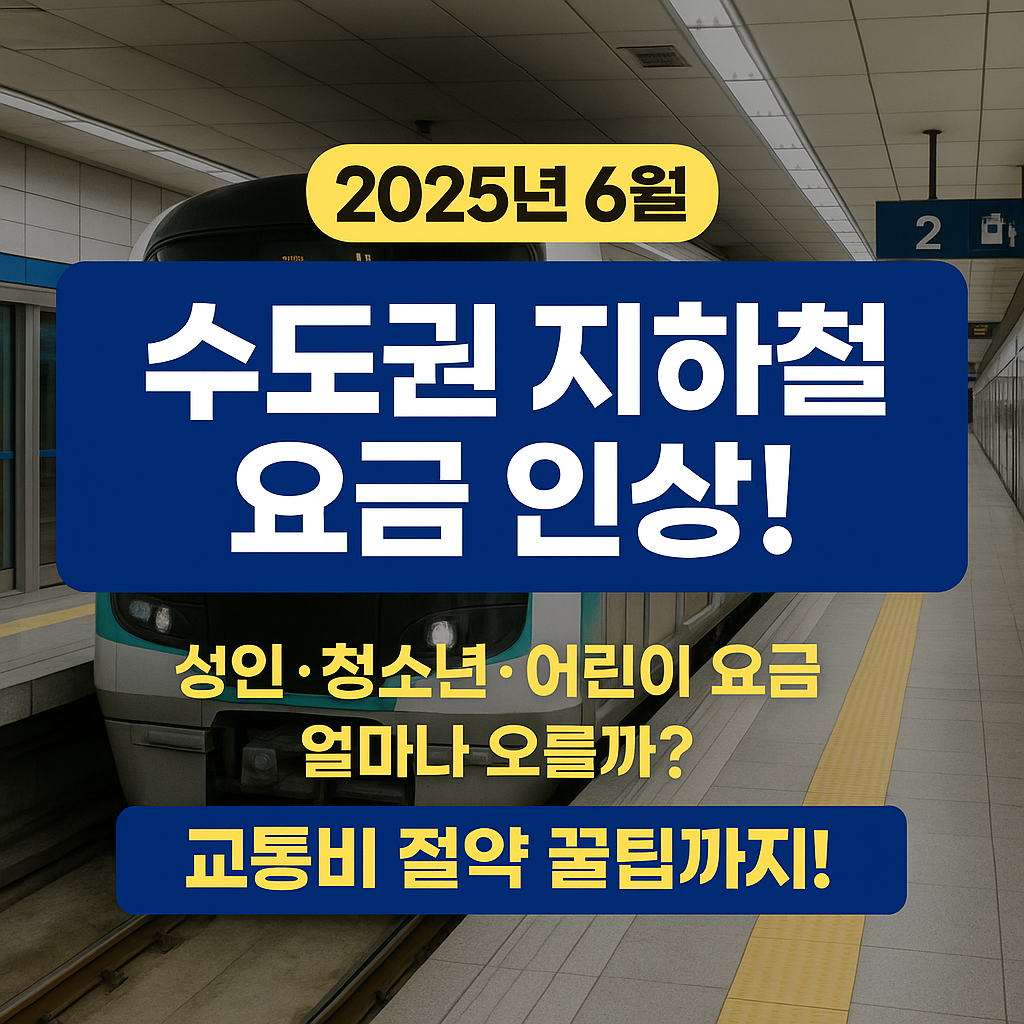 서울&middot;경기 수도권 지하철 요금이 2025년 6월부터 인상됩니다. 성인, 청소년, 어린이 요금 상세 비교와 인상 이유, 교통비 절약 방법까지 한눈에 확인하세요.