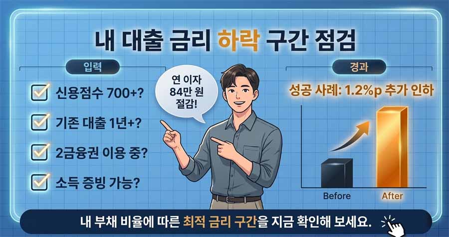 신용점수 700점대 대환대출 금리 1.2% 인하 조건 체크 인포그래픽