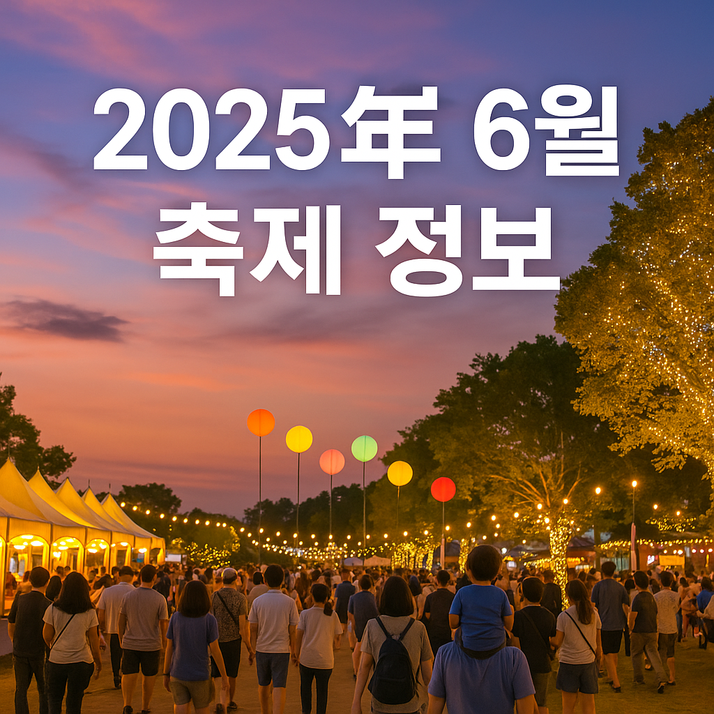 2025년 6월 국내 여름 축제 현장을 담은 저녁 노을 풍경, 조명이 반짝이는 거리와 축제를 즐기는 사람들