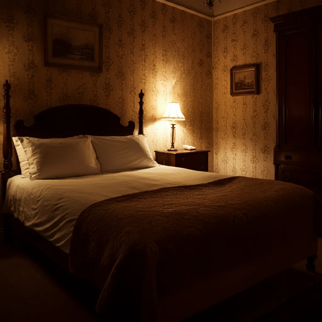 퀸사이즈 침대-조명이 켜져 있음