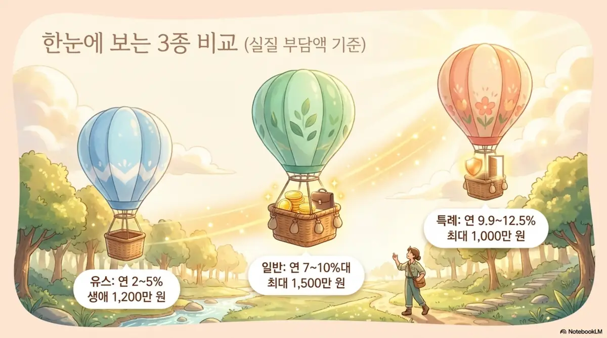 햇살론 대출: 하늘에 뜬 파랑·초록·주황 열기구 세 개에 각각 금리와 한도가 적힌 일러스트. 햇살론유스 연 2~5% 생애 1,200만 원, 햇살론일반 연 7~10%대 최대 1,500만 원, 햇살론특례 연 9.9~12.5% 최대 1,000만 원을 실질 부담액 기준으로 한눈에 비교한 내용을 시각적으로 전달하며, 블로그의 햇살론 금리·한도 비교 주제와 관련된 내용을 설명함