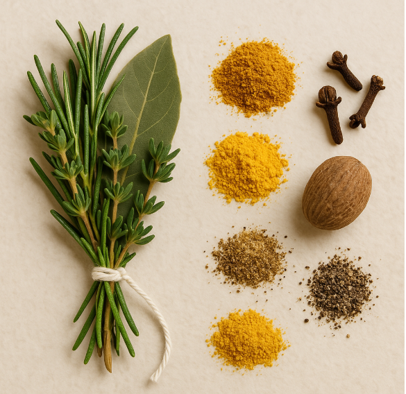 부케 가르니(좌)와 인도 수입산 향신료들(우) 이미지입니다.