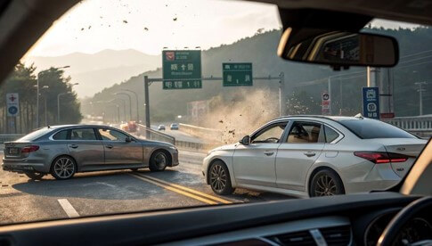 운전을-하면서-우측-흰색차와-직진하는-회색차가-사고나기-직전의-모습