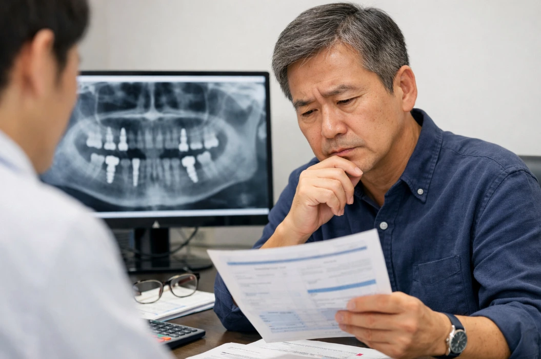 임플란트 재식립 상담 중 X-ray 화면을 보며 비용과 보험 적용을 고민하는 40~50대 성인 모습
