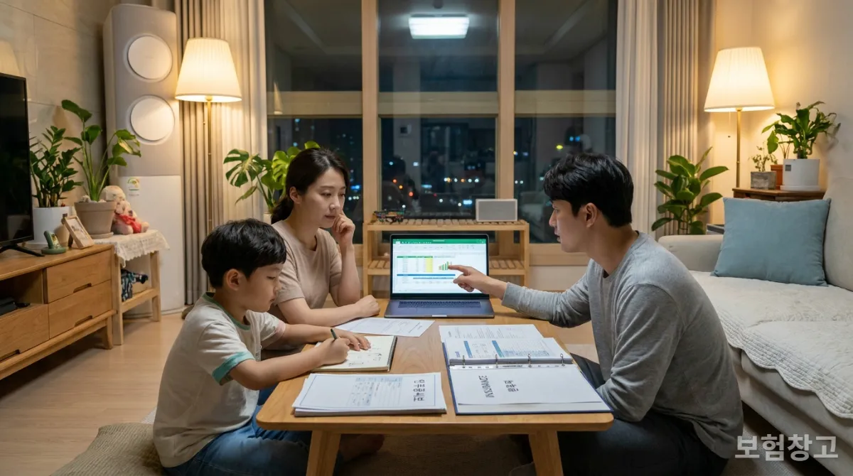 거실에서 보험 서류와 노트북을 보며 재정 계획을 논의하는 한국 가족