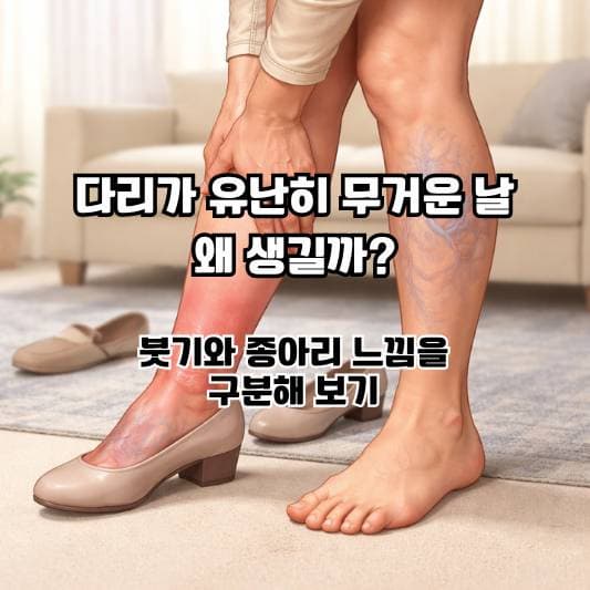 다리가 무겁고 불편해 하지정맥류 초기 신호를 떠올려보는 중년의 일상 장면