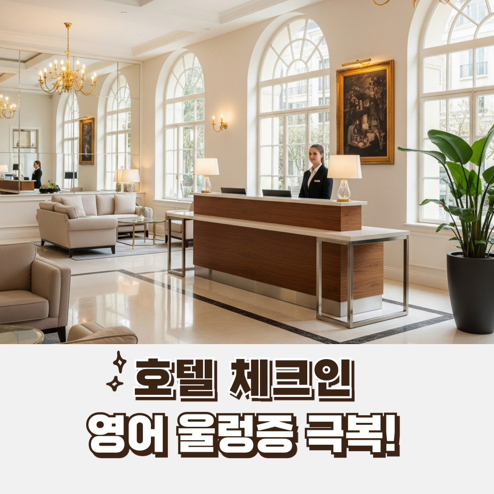 고급스러운 호텔 로비에서 영어 체크인 팁 안내 이미지