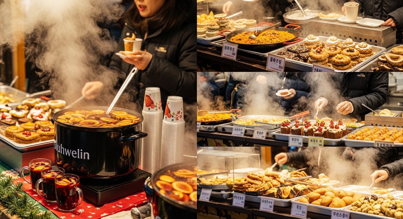 2025년 부산 크리스마스 마켓에서 따뜻한 글뤼바인과 빠에야, 다양한 먹거리를 판매하는 활기찬 푸드존의 모습.