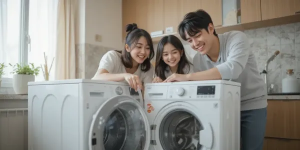 가족이 함께 세탁기 청소하는 모습