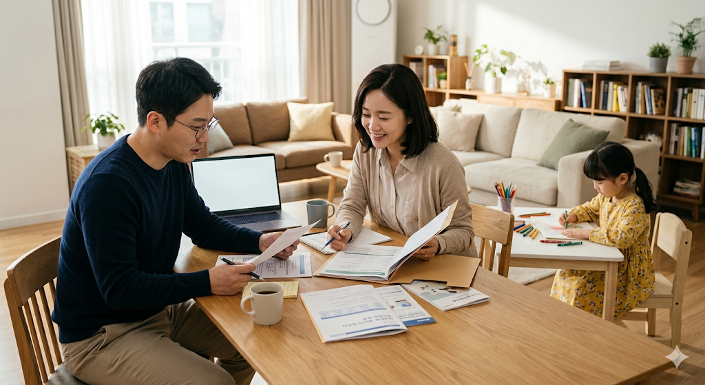 A Korean couple in their late 30s reviewing child insurance documents at a dining table while their young child draws nearby in a bright apartment living room. Calm and careful household finance planning atmosphere. realistic photo, natural lighting, clean composition, professional lifestyle photography, high-resolution detail, no text, no logos, no watermarks