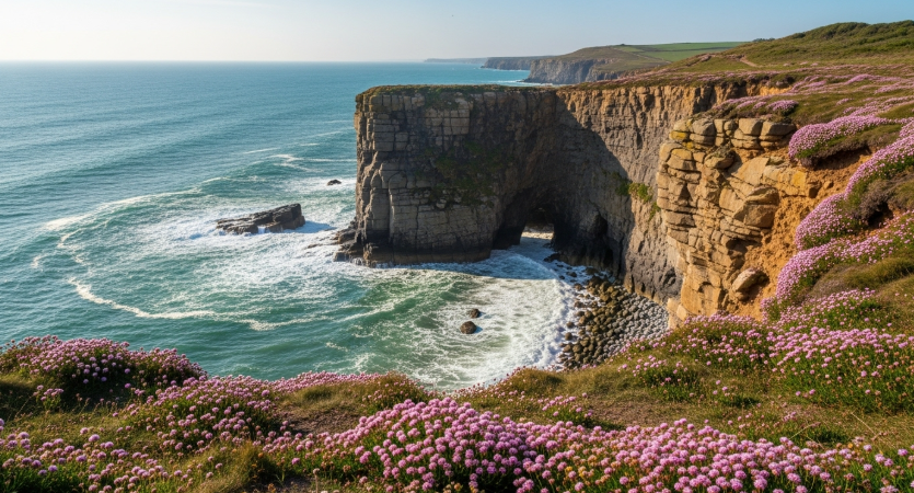 영국 해안가의 절벽 위에서 바라본 푸른 바다와 하얀 파도