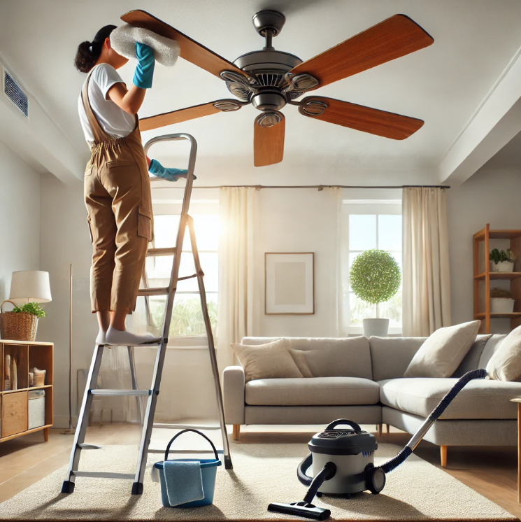 먼지를 제거하고 있는 여성