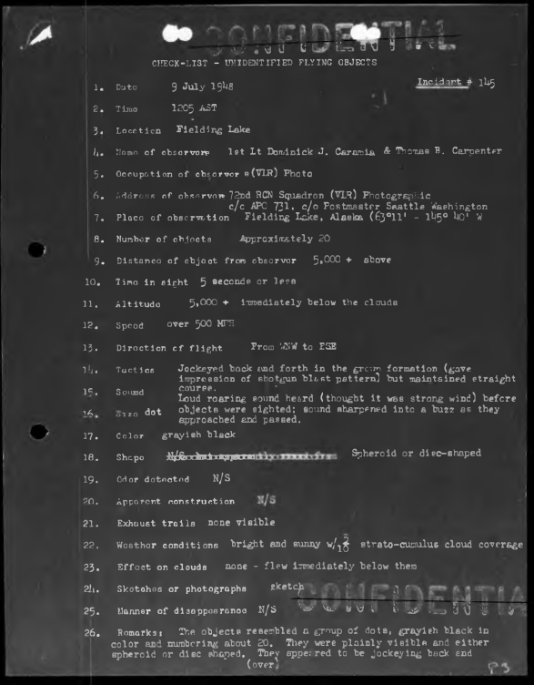 1948 Fielding Lake Incident 145 about 20 UFOs in formation U.S. military report