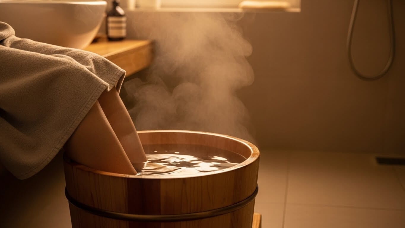 겨울철 수족냉증 완화를 위해 족욕을 하는 장면