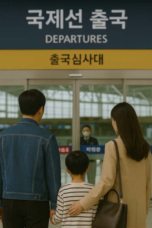 인천공항 출국 심사대를 통과하는 한국인 가족의 모습