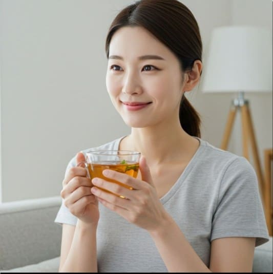 보중익기탕 연조엑스 효능 식욕 면역력 강화 보중익기탕 복용하는 중년 여성 사진