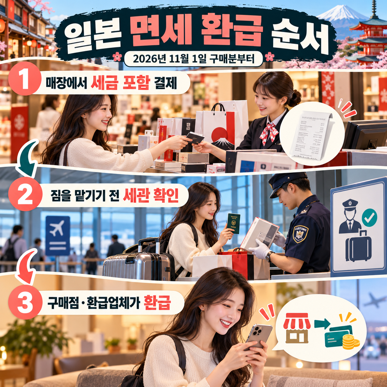 2026년 11월부터 일본 면세 물품을 구입하고 출국 확인 뒤 소비세를 환급받는 세 단계