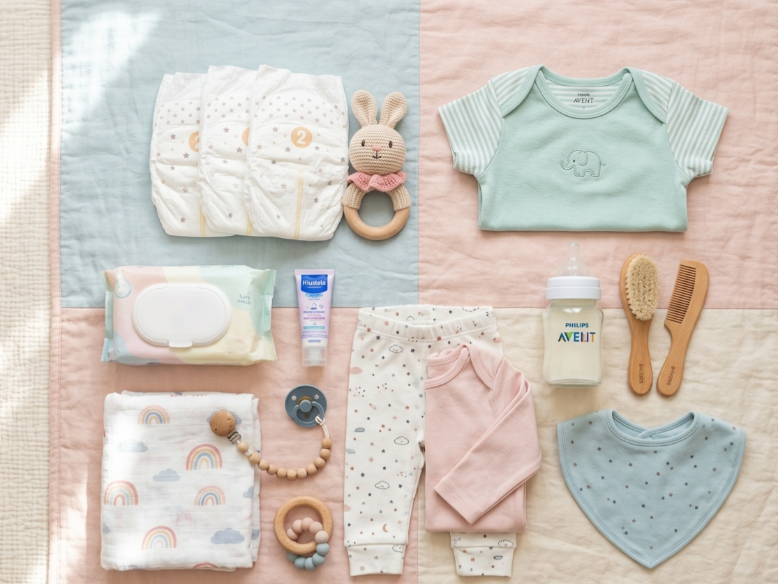기저귀, 젖병, 아기 옷 등 육아용품이 예쁘게 배치된 모습