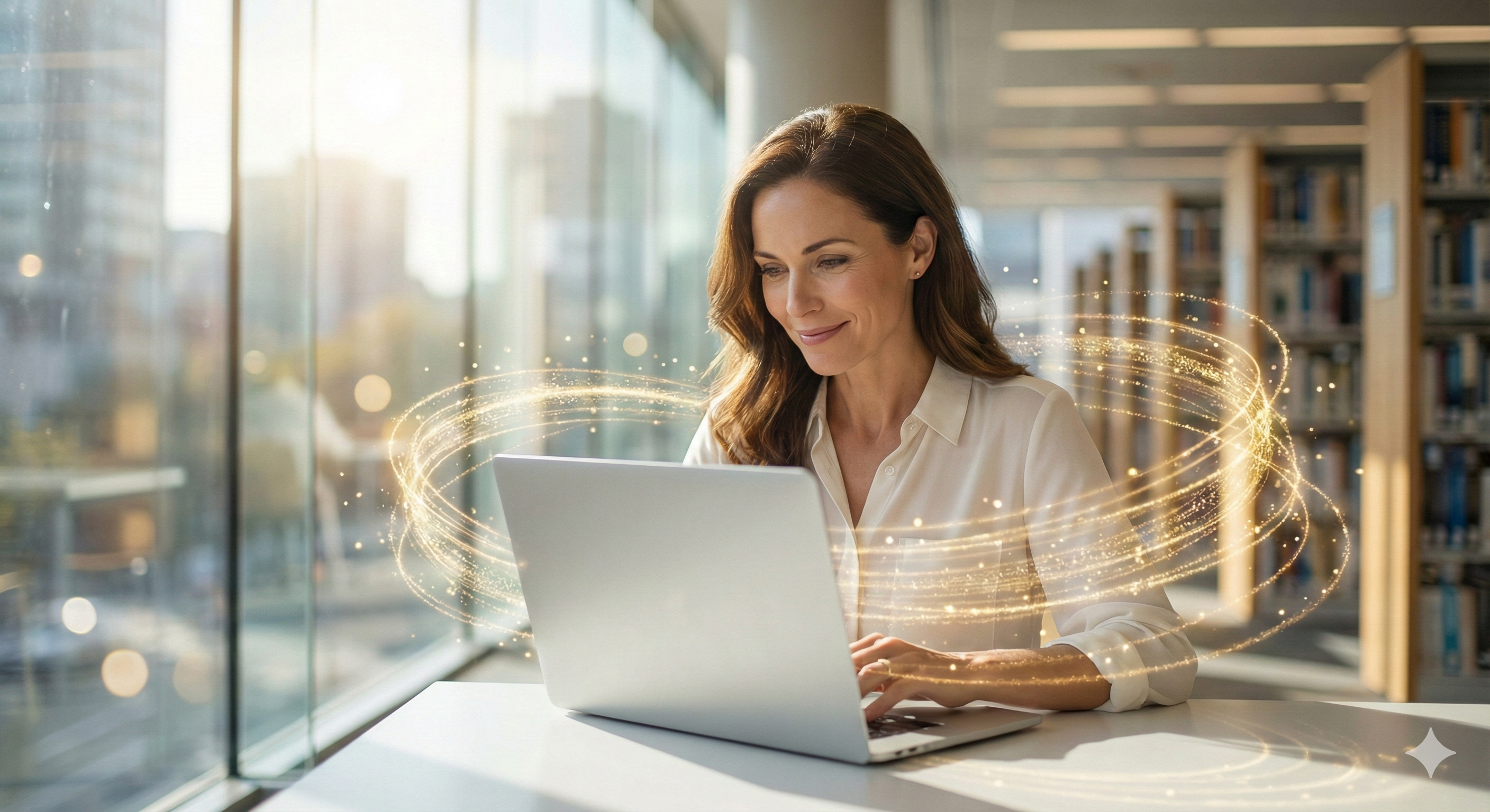 구글 TPU 혁신을 통해 투명하고 정직하게 흐르는 데이터를 확인하며 미소 짓는 우아한 여성.