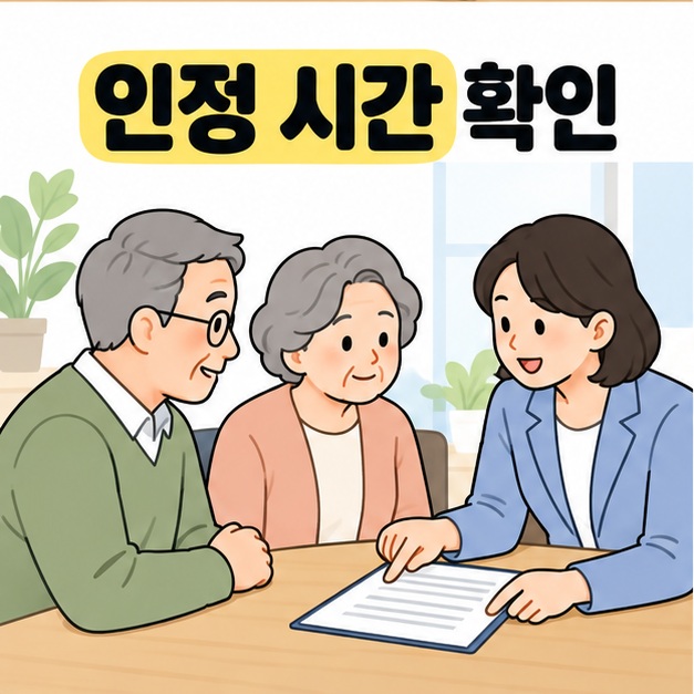 인정 시간 확인 문구 아래 담당자의 설명을 들으며 돌봄 이용계획 서류를 살펴보는 어르신 부부