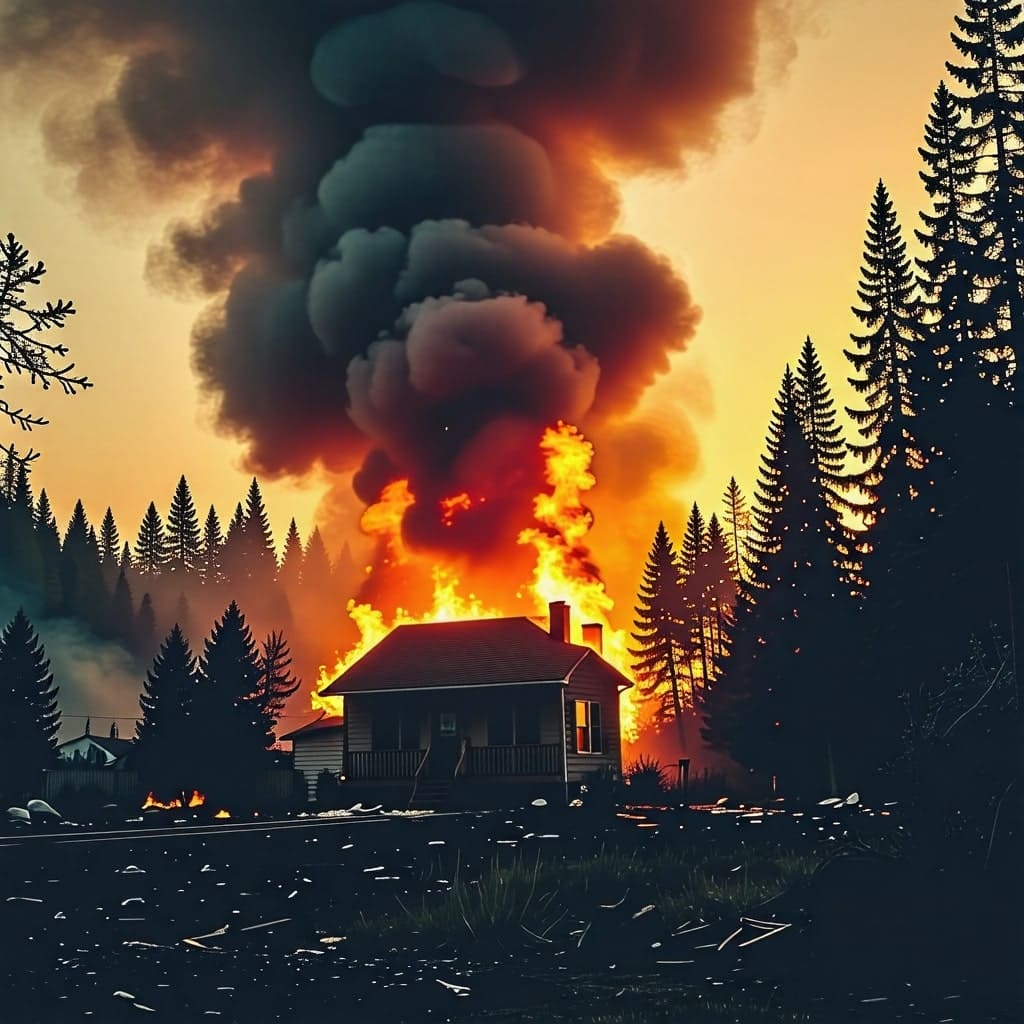 산불로 인해 집이 불타고 있는 모습. 인명 피해의 위험성을 강조.