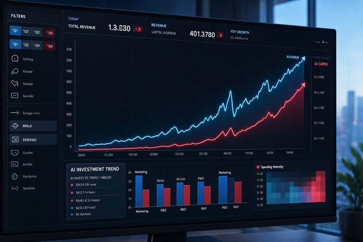 High-tech financial dashboard displaying revenue charts and massive capital expenditure data curves.