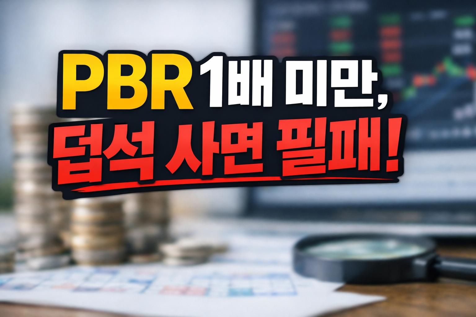 PBR 1배 미만 덥석 사면 필패 문구가 크게 들어간 주식 차트 배경의 경고형 썸네일