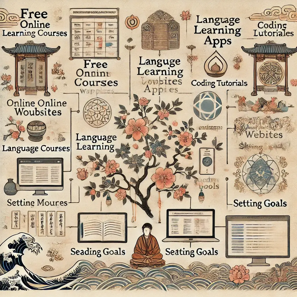 동양화 스타일로 표현된 무료 온라인 학습 사이트 및 자기계발 방법 인포그래픽입니다! 전통적인 동양화 기법과 현대적인 교육 및 자기계발 요소가 조화를 이루도록 제작되었습니다