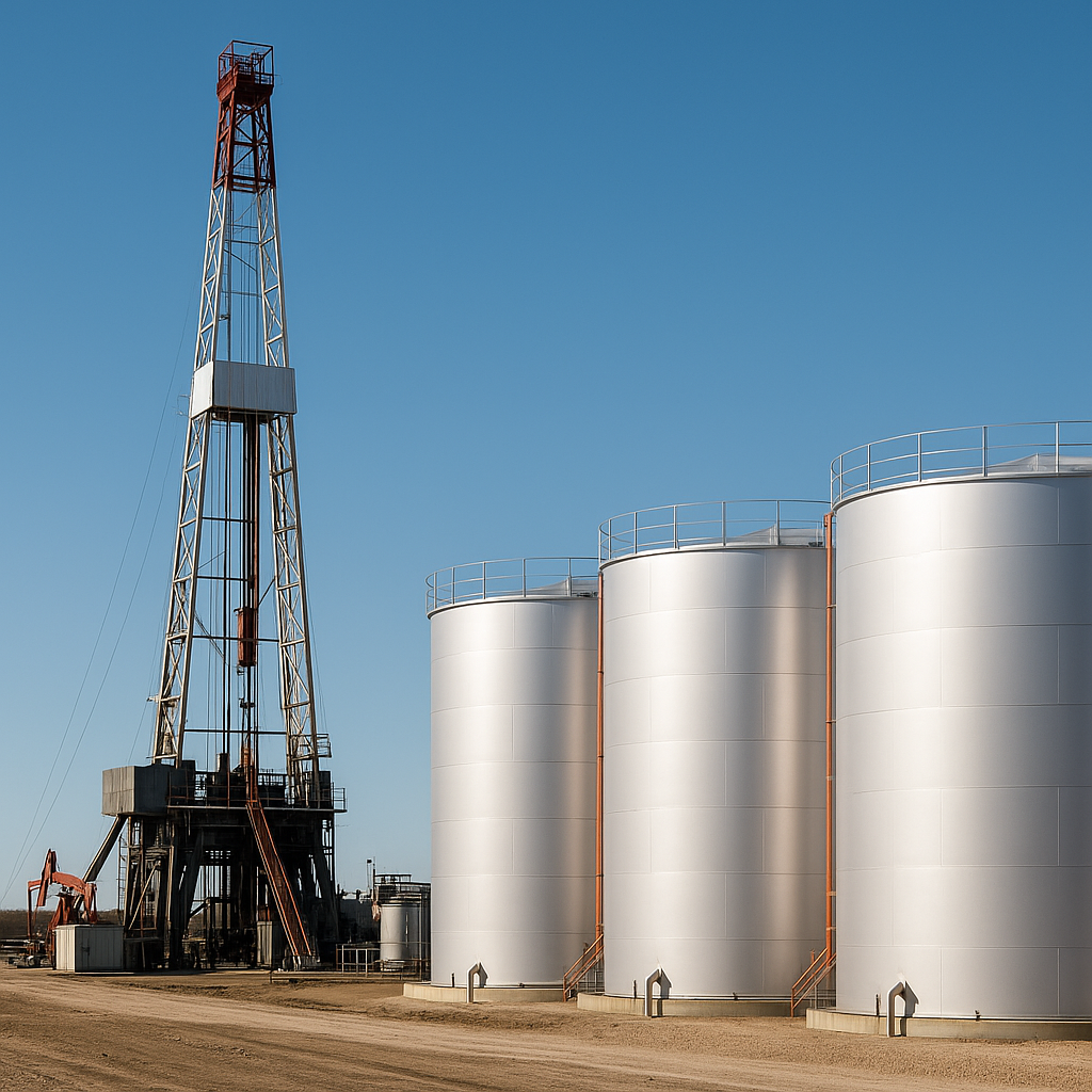 oil drilling rig and storage tanks industrial site