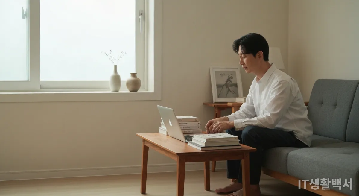 미니멀리스트 거실에서 노트북과 책을 보며 휴식을 취하는 모습
