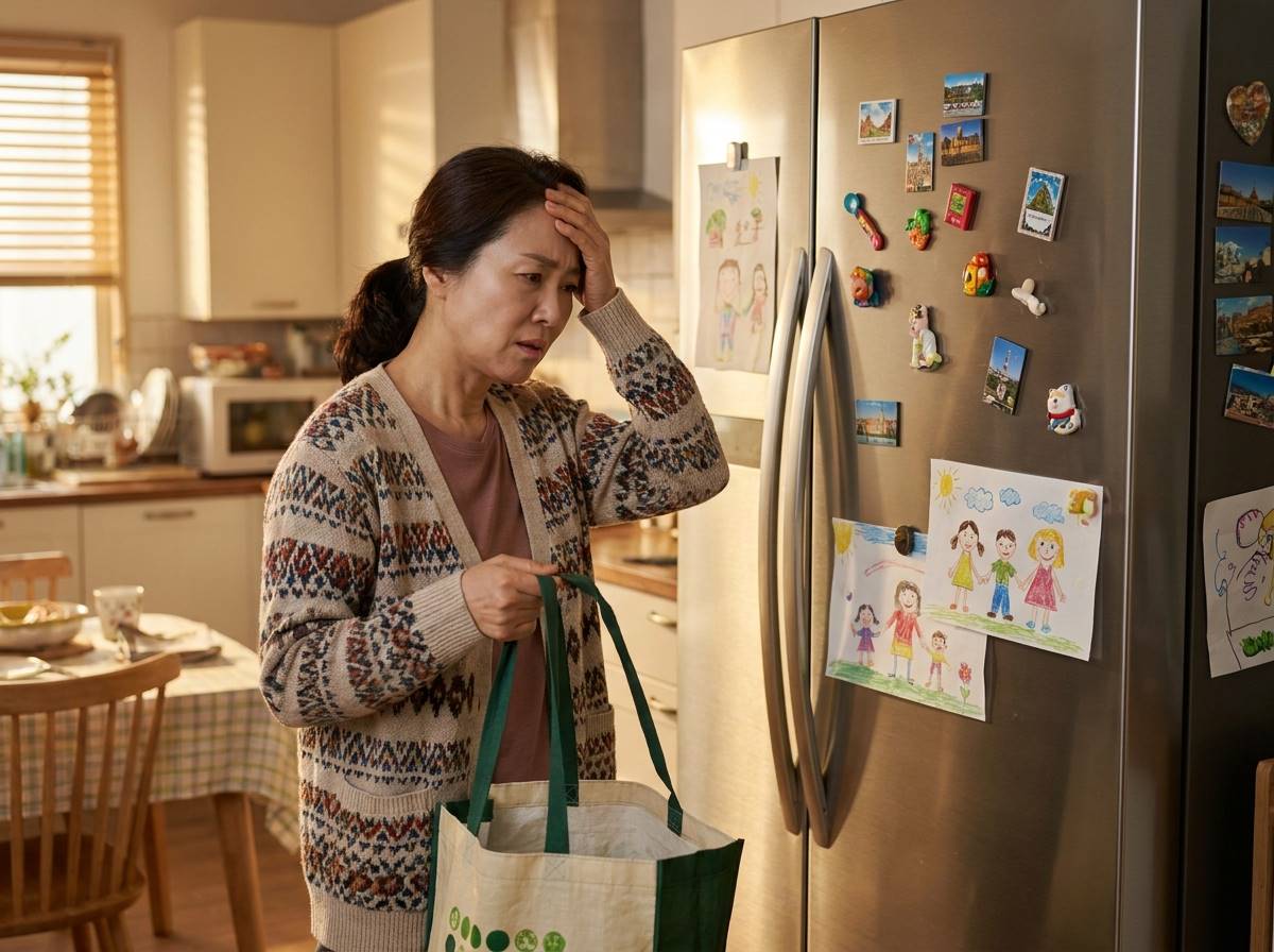 40대 여성이 부엌 냉장고 앞에서 무언가 생각나지 않는 듯 당황한 표정으로 서 있는 모습