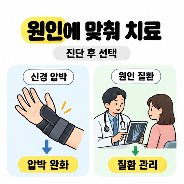 신경 압박에는 압박 완화, 원인 질환에는 질환 관리라는 치료 방향을 손목 보조기와 진료 상담으로 비교한 그림