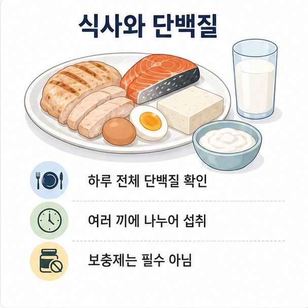 닭고기와 생선, 달걀, 유제품, 두부 등 다양한 단백질 식품을 여러 식사에서 섭취하는 방법을 보여주는 이미지