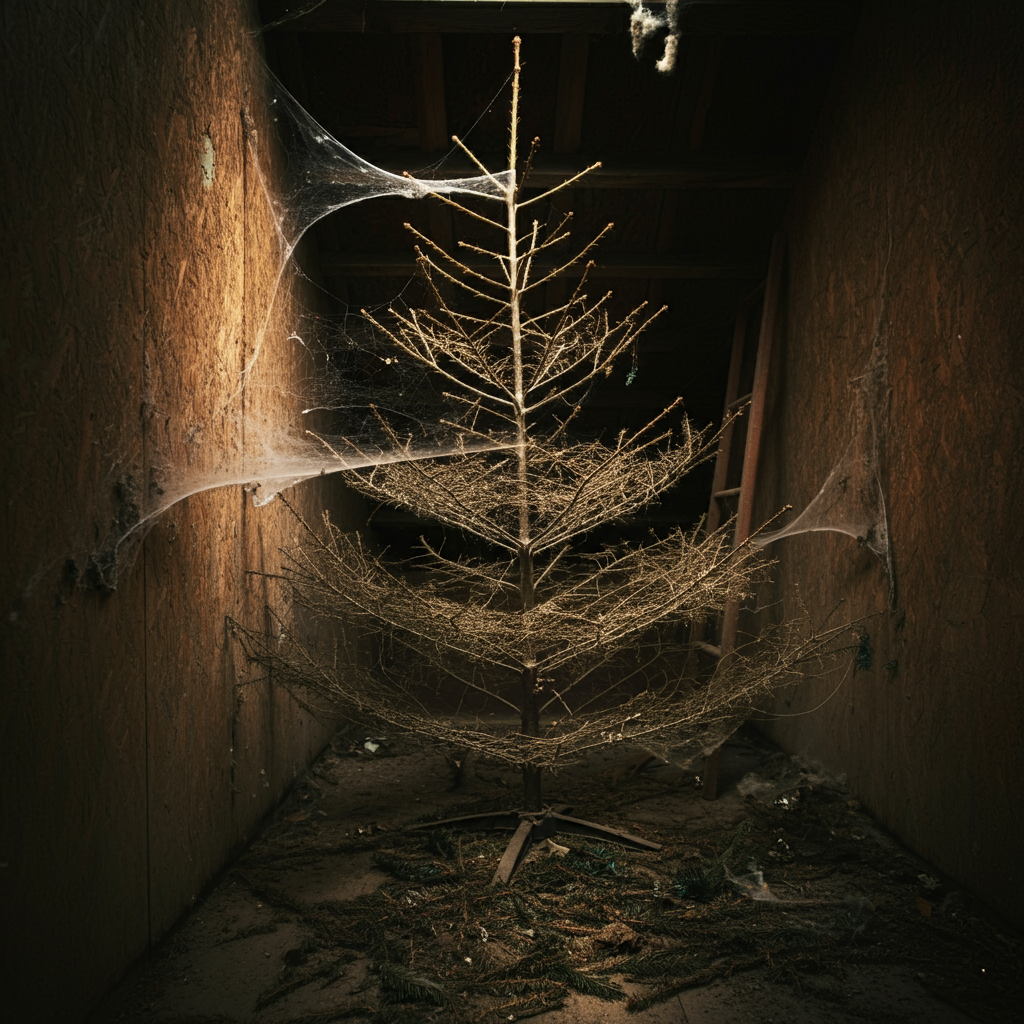 오랜 시간 방치된 크리스마스 트리&amp;#44; 거미줄과 먼지로 뒤덮인 황량한 실내 모습