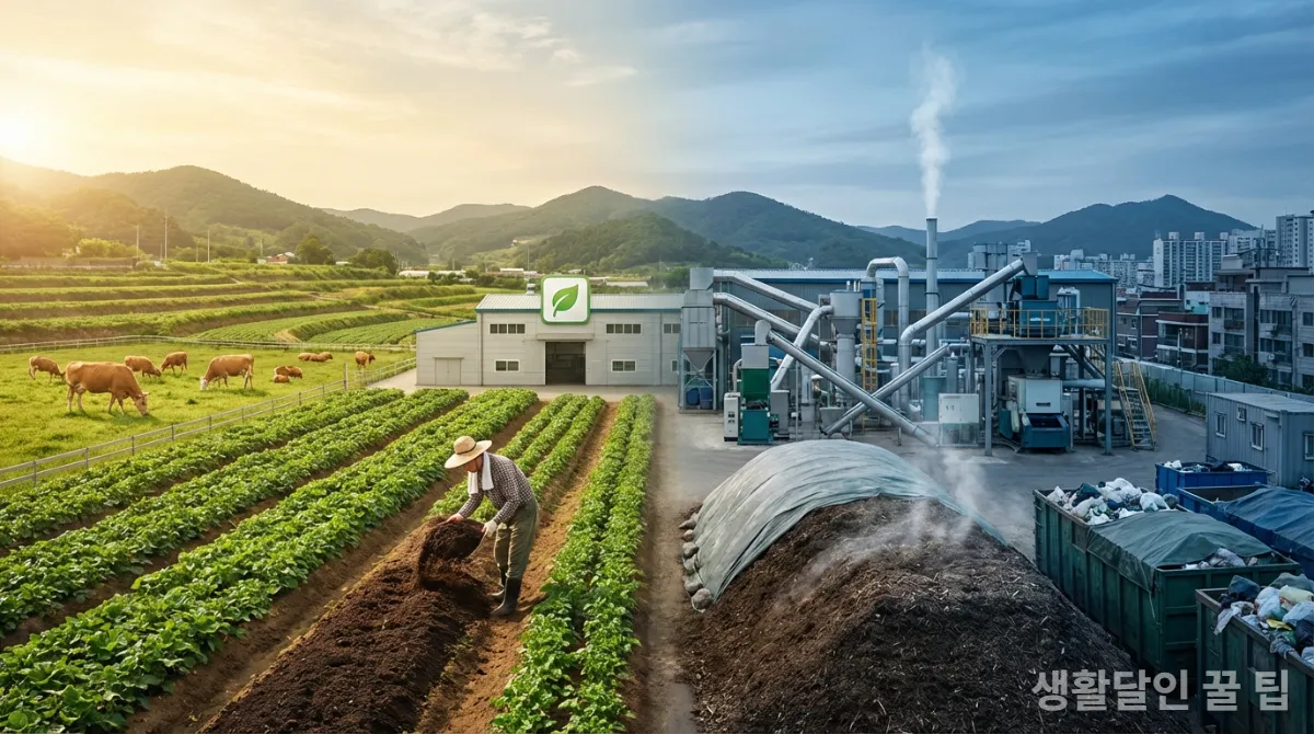 음식물 쓰레기 재활용의 긍정적인 면과 부정적인 면을 동시에 보여주는 한국의 풍경