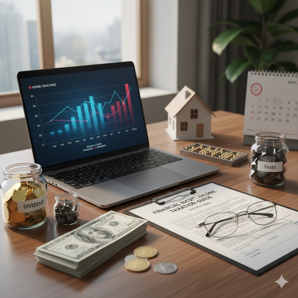 배당금 수익을 나타내는 노트북 화면과 돈, 세금 저금통이 놓인 책상.