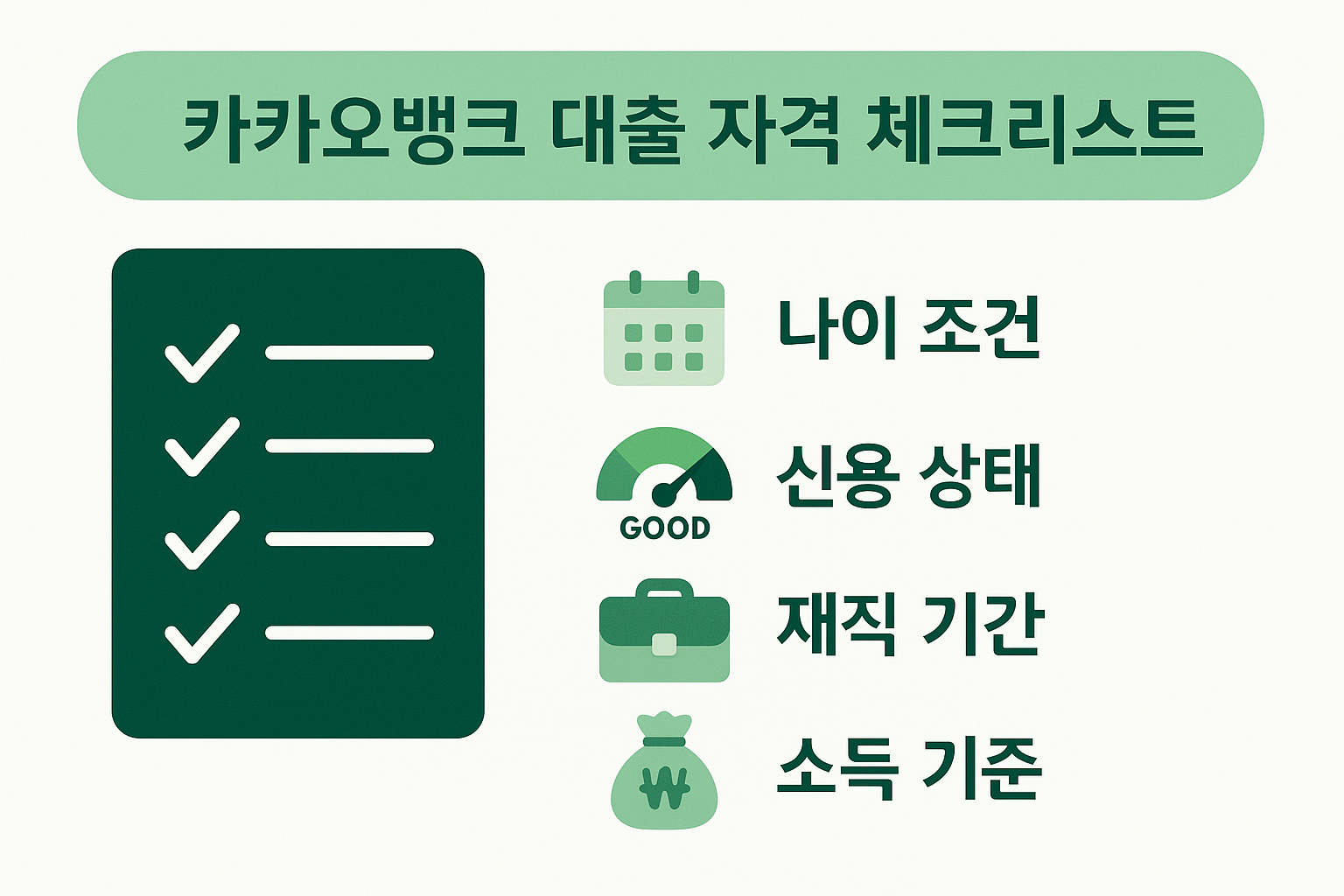카카오뱅크 신용대출 신청 전 나이 조건, 신용 상태, 재직 기간, 소득 기준을 간단한 체크리스트와 아이콘으로 구성한 플랫디자인 가이드 이미지
