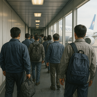 귀국 길에 오른 작업복 차림의 인원들을 상징적으로 표현