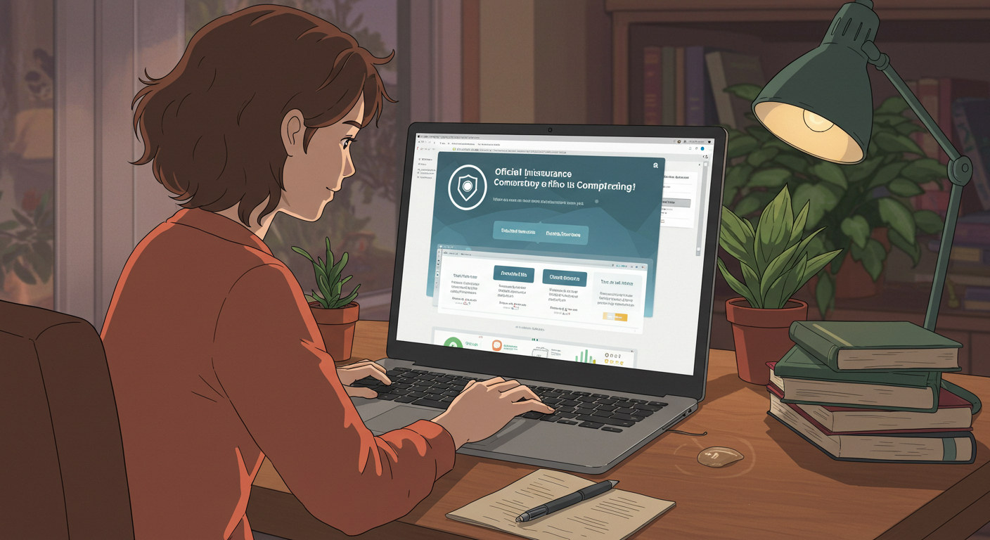 공식 보험비교 사이트를 사용하는 여성 일러스트