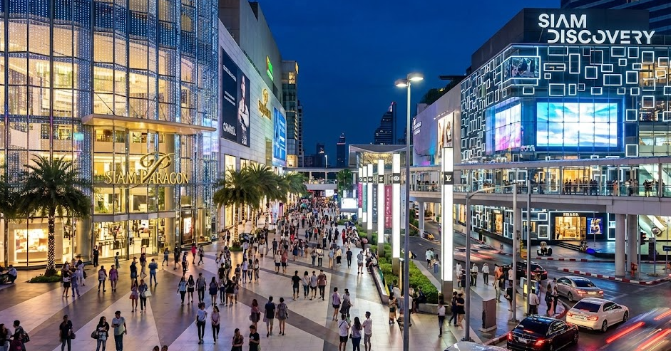 방콕 시암 쇼핑 중심지의 야간 분위기와 대형 쇼핑몰 거리