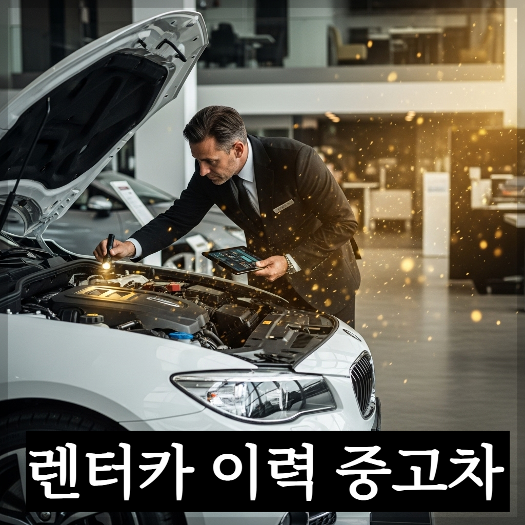깔끔한 화이트 세단 중고차의 보닛을 열고 꼼꼼히 점검하는 전문가의 모습. 차량 주변으로 낡은 기운이 걷히고 황금빛 에너지가 채워지기 시작하는 상징적인 모습