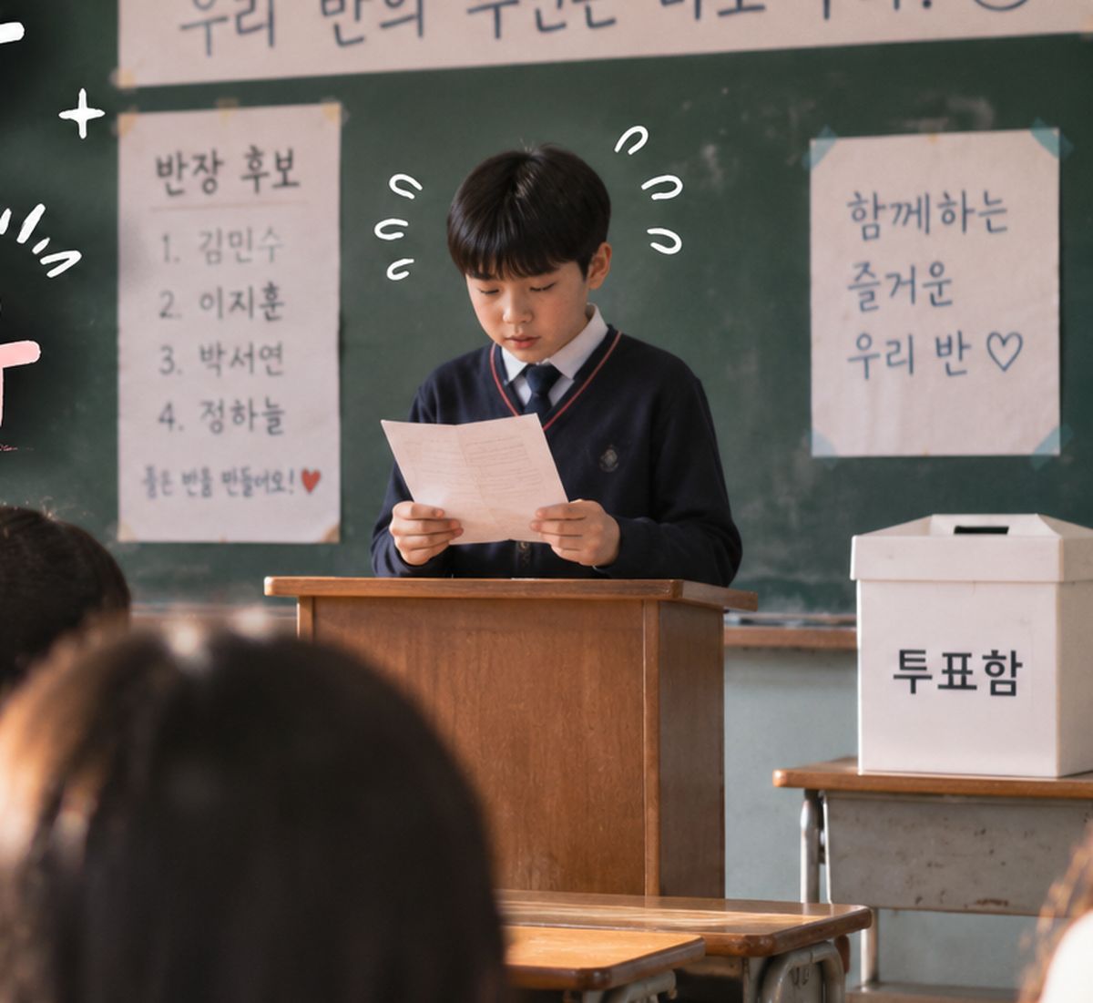 반장 후보 학생이 친구들 앞에서 준비한 연설문을 읽는 모습