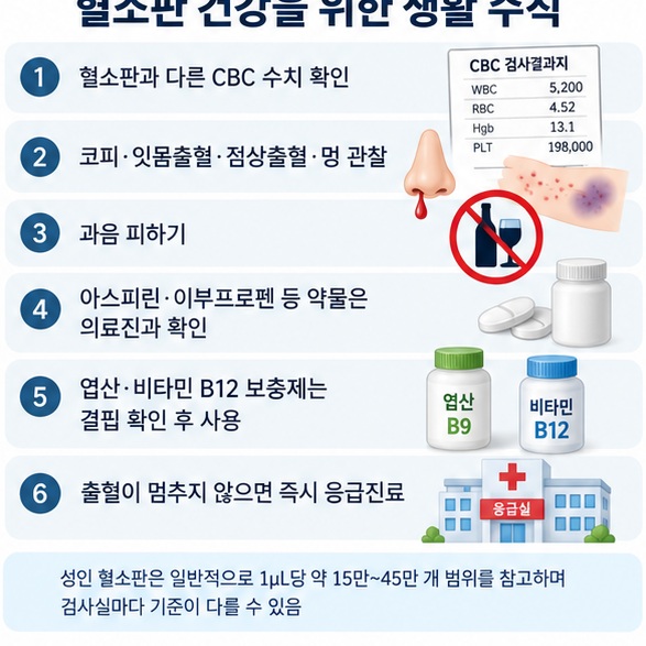 혈소판이 낮을 때 CBC 확인 출혈 관찰 과음 피하기 약물 확인 영양결핍 검사 응급출혈 대응을 보여주는 체크리스트 이미지
