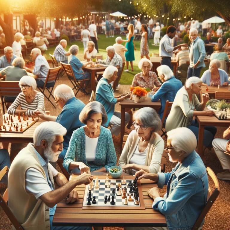 야외에서 지역사회 행사를 즐기는 노인들의 모임
